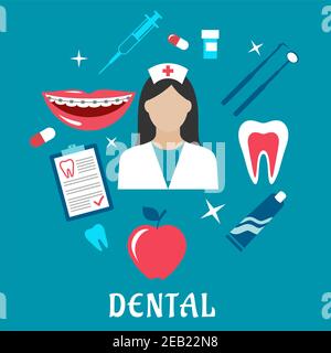 Disegno piatto dentale con un'infermiera circondata da una mela, un grafico di esame, compresse, bocca con bretelle, dente, strumenti e dentifricio in un medico Illustrazione Vettoriale