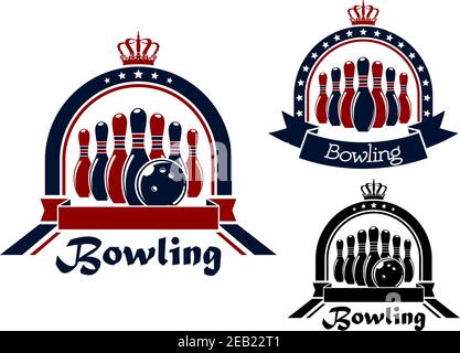 Simbolo di Bowling blu, rosso e nero o emblema in cornice rotonda con stelle, corona e nastro Illustrazione Vettoriale