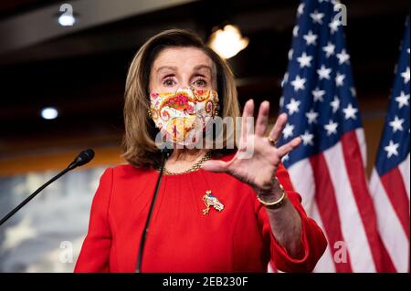 Washington, DC, Stati Uniti. 11 Feb 2021. 11 febbraio 2021 - Washington, DC, Stati Uniti: La speaker della Casa NANCY PELOSI (D-CA) che parla alla sua conferenza stampa settimanale. Credit: Michael Brochstein/ZUMA Wire/Alamy Live News Foto Stock