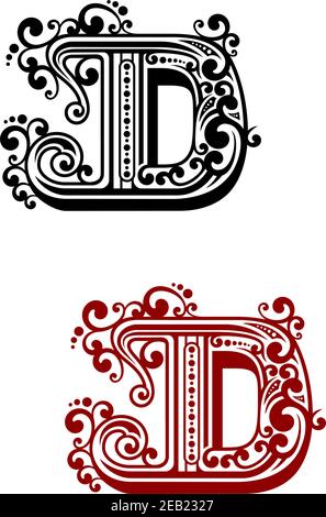 Antica lettera maiuscola D con elementi floreali per calligrafia, design antico o monogramma Illustrazione Vettoriale
