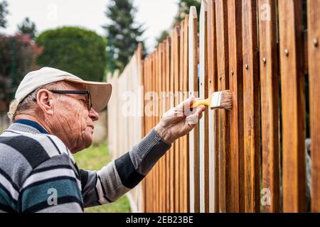 Uomo anziano attivo che dipinge recinzione in legno in giardino. Vecchio artigiano che lavora in cortile. Riparazione recinzione picket Foto Stock