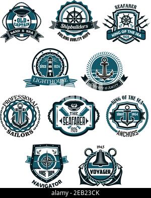 Etichette marine e badge in colori retrò blu e bianco, tra cui ancore, helms, faro, bussola, cappello da capitano, occhiali da Spyglasses, campana bordata da shiel Illustrazione Vettoriale