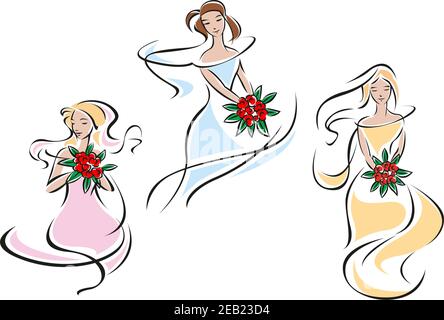 Grazioso doodle schizzo di spose in diversi colori che scorrono camici che tengono un mazzo di fiori rossi, per il matrimonio e il disegno Illustrazione Vettoriale