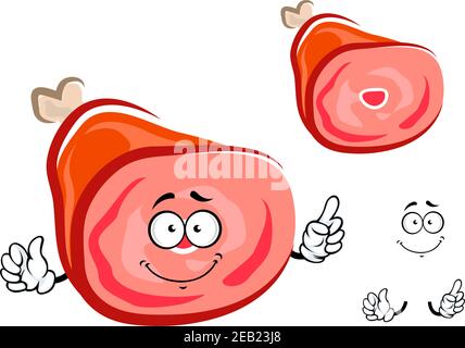 Il prosciutto di Cartoon con una faccia sorridente felice e le mani di puntamento isolate su sfondo bianco, per la progettazione di alimenti a base di carne Illustrazione Vettoriale