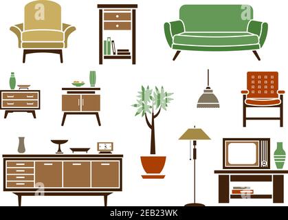 Decorazioni e icone per interni e mobili piatti con sedia, armadio, letto, lampada, comò, comodino e TV Illustrazione Vettoriale