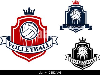 Bandiera o emblema sportivo di gioco di pallavolo con palla, scudo, corona e nastro Illustrazione Vettoriale