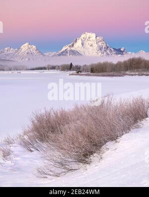 Grand Teton National Park, Wyoming: Mount Moran e Teton Range all'alba con bassa nebbia dal Oxbow del fiume Snake in inverno Foto Stock