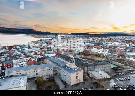 Vista aerea del centro della città di Reykjavik in Islanda Foto Stock