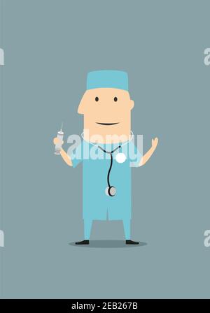 Divertente cartoon medico o medico in scrub medici blu e. uno stetoscopio mentre si alza e si tiene una siringa Illustrazione Vettoriale