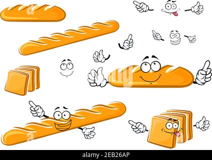 Pane bianco appena sfornato lungo pane, baguette e toast cartoni animati con allegri volti divertenti isolato su sfondo bianco per il design di panetteria Illustrazione Vettoriale