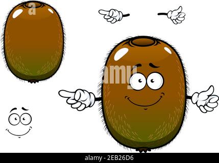 Cartoni animati di frutta kiwi maturi con pelle fuzzy marrone verdolino e gesto della mano di puntamento, per l'agricoltura o la progettazione di alimenti freschi Illustrazione Vettoriale