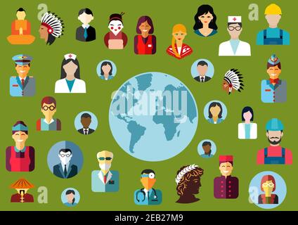 Persone avatar piatti icone che mostrano diverse professioni globali sia maschile e le donne raggruppate intorno ad una mappa del mondo Illustrazione Vettoriale