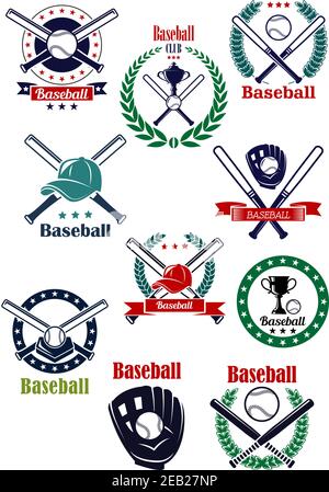 Giochi di baseball verde e blu retrò emblemi con palle, pipistrelli incrociati, guanti, trofei, cappelli e piatto di casa decorato con elementi araldici e stelle Illustrazione Vettoriale
