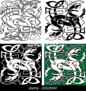 Draghi tribali stilizzati con corpi intrecciati decorati con tradizionali interlacciati celtici modello per totem animale o tatuaggio disegno Illustrazione Vettoriale