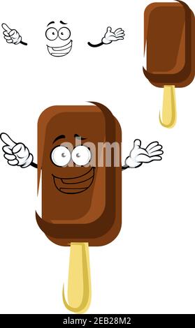 Happy cartoon dolce gelato alla vaniglia su un bastone di legno con cioccolato isolato su sfondo bianco, per confezione di cibo o snack design Illustrazione Vettoriale