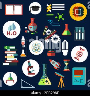Scienza ed educazione icone piatte con attrezzature da laboratorio, libri, telescopio, microscopio, razzo, clessidra, bulbo luminoso, modelli atomici e dna, acqua, n. Illustrazione Vettoriale