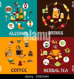 Icone di bevande in stile piatto con bevande alcoliche e non alcoliche, cibo, tè alle erbe e caffè con iingredienti colorati, stoviglie e spuntini Illustrazione Vettoriale