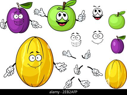 Succosa verde mela, melone e frutti di susina personaggi cartoon con facce carine per cibo sano, agricoltura o progettazione agricola Illustrazione Vettoriale