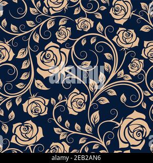 Steli ritorti di colore marrone chiaro con motivo senza cuciture in fiore, con fiori lussureggianti su sfondo blu scuro, per interni o design tessile Illustrazione Vettoriale