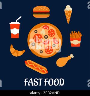 Icone di fast food in stile piatto con pizza pepperoni, hamburger, soda, patatine fritte, cono gelato, hot dog, croissant e coscia di pollo Illustrazione Vettoriale