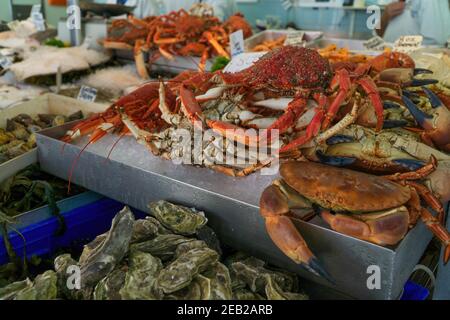 Granchi ragno, granchi commestibili, ostriche e aragoste in vendita nel mercato del pesce di Beresford Street, Jersey Foto Stock