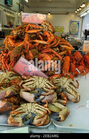 Granchi ragno, granchi commestibili in vendita nel Beresford Street Fish Mercato, Jersey Foto Stock