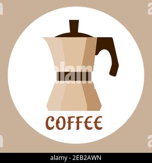 Macchina da caffè beige o icona di moka pot in stile piatto con didascalia caffè isolato su sfondo. Per il design di caffetteria o cafe' Illustrazione Vettoriale