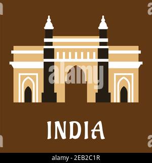 Simbolo architettonico indiano e storico, icona piatta dell'antica moschea Charminar con minareti alti con didascalia India Illustrazione Vettoriale