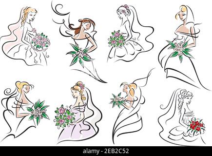 Graziose spose e bridesmaid in abiti bianchi con eleganti acconciature, bouquet colorati in mani. Per matrimoni o matrimoni Illustrazione Vettoriale