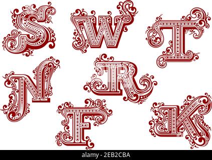 Eleganti lettere rosse in maiuscolo in stile vintage e vintage, ornate da linee intrecciate, curlicee e punti isolati su sfondo bianco. LETTERE F, K, N, R, S. Illustrazione Vettoriale