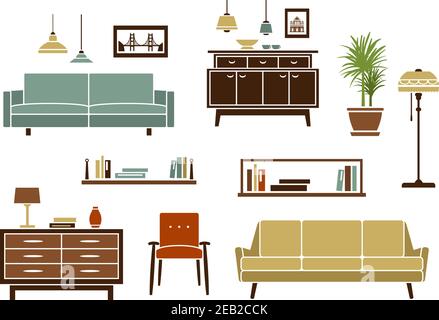 Arredo casa e accessori interni con divani moderni e poltrona, scaffali in legno e cassettiere, lampada da pavimento e lampada a sospensione colorata lam Illustrazione Vettoriale