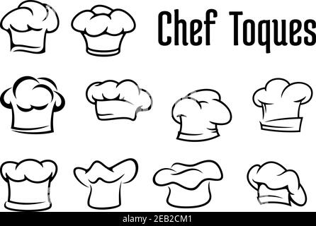 Toques, berretti e cappelli bianchi da chef o panettiere in stile contorno isolato su sfondo bianco, per un menu di caffè o un design di concetto di ristorante Illustrazione Vettoriale