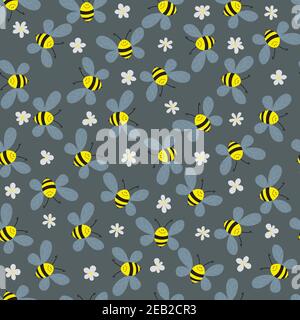 Motivo senza cuciture con api e fiori su sfondo grigio. Adorabili personaggi wasp cartoon. Modello di disegno per invito, schede, tessuto, tessuto Illustrazione Vettoriale