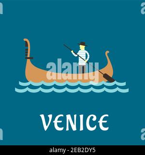 Concetto di viaggio a Venezia con gondoliere veneziano in costume tradizionale, in una gondola in legno con pagaia su un fiume Illustrazione Vettoriale