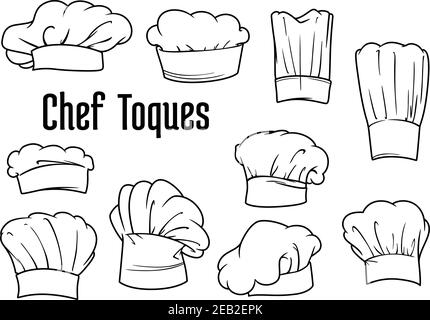 Cappelli, toques o cappelli dello chef sono isolati su sfondo bianco, per il personale della cucina, il menu o il design della decorazione. Stile di schizzo del contorno Illustrazione Vettoriale