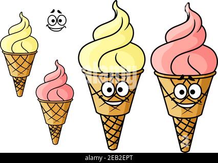 Gioiosa vaniglia e gelato alla fragola coni cartoon personaggi isolati su sfondo bianco a forma di torcia Illustrazione Vettoriale