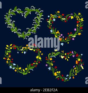 Cuori floreali con delicati corone primaverili ornate da gigli di valle, rose, margherite, fiori di guerra, piselli dolci ed erbe fiorite su d Illustrazione Vettoriale