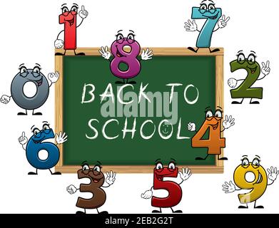 Torna a scuola gesso testo su lavagna verde circondato da cartoni animati caratteri numerali colorati con volti divertenti, per la progettazione didattica Illustrazione Vettoriale