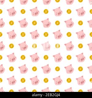 Cute motivo senza cuciture con maiale rosa e moneta d'oro Illustrazione Vettoriale