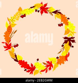 Cornice autunnale con bordi colorati di foglie rosse, gialle e arancioni, decorate con erbe, ghiande e frutti di viburno Illustrazione Vettoriale