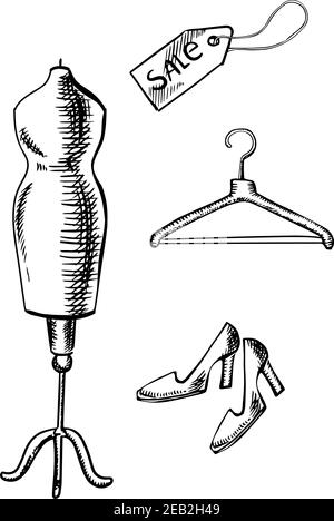 Coppia di scarpe eleganti su tacchi alti, etichetta vendita, appendiabiti in legno e manichino in stile sketch, per shopping o design di moda Illustrazione Vettoriale