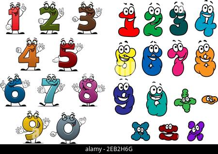 Cartoon divertenti numeri colorati e caratteri di cifre con volti felici per l'educazione o il disegno di compleanno Illustrazione Vettoriale