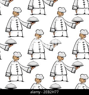 Cuoco cinese in uniforme stilizzata orientale con vassoio in argento il modello senza giunture per il design dei ristoranti Illustrazione Vettoriale
