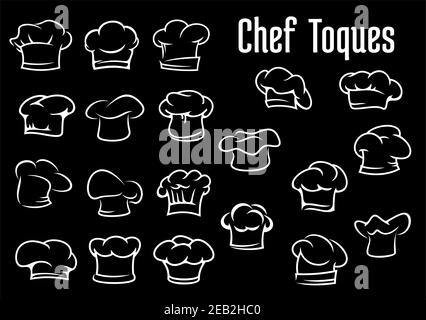 Cappelli da chef e cuoco, cappelli e toques icone isolate su sfondo nero per il design di ristoranti o caffè Illustrazione Vettoriale