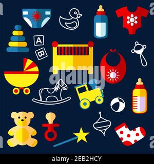 Giocattoli e oggetti per bambini icone piatte con presepe, passeggino, biberon, bib, manichino per bambini, sonaglino, pannolino, vestiti portano piramide del treno di cavalli, palla e blocchi Illustrazione Vettoriale