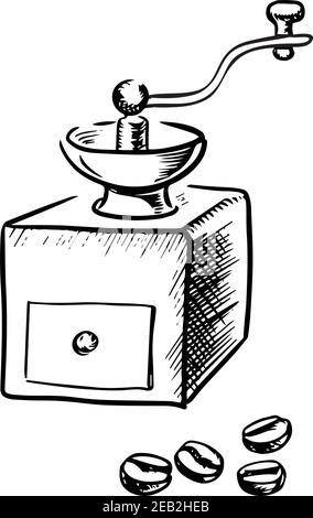 Macinacaffè manuale d'epoca con chicchi di caffè, stile bozzetto. Per il design di caffè o bar Illustrazione Vettoriale