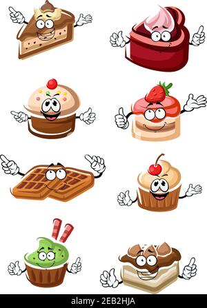 Cartone animato deliziosi dolci alla frutta, fette di torta al cioccolato, cupcakes e personaggi belgi waffle con fragola fresca, ciliegia e crema Illustrazione Vettoriale