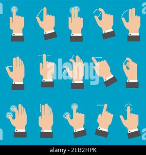 Set di mani con gesti multitouch per tablet o smartphone su sfondo blu. Stile piatto Illustrazione Vettoriale