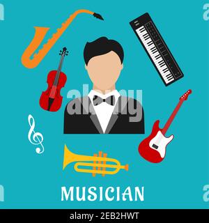 Concetto di professione musicista con icone piatte dell'uomo in cappotto, circondato da chitarra elettrica, tromba, violino, sassofono, treble clef e sintetizzatore Illustrazione Vettoriale