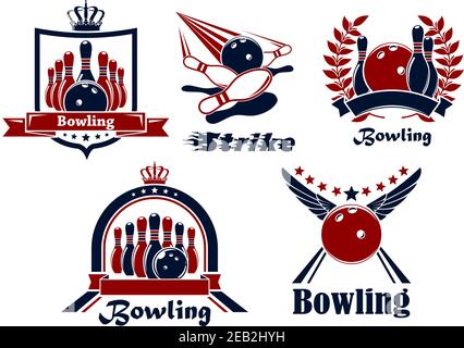 Emblemi di bowling con palle, ninepin, sciopero, corsie, scudo araldico integrato, bandiere di nastro di corona stelle ali e corone Illustrazione Vettoriale